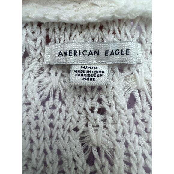 American Eagle Sweater Sz M V-Neck ButtonDown Open Weave White Cotton Acadamia - Picture 3 of 7
